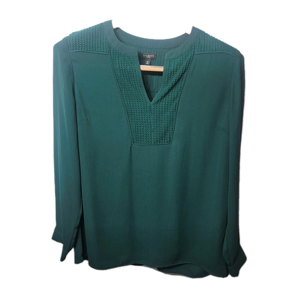 Talbots Top Womens Petite MP Green Textured Dot Neck Blouse Semi Sheer Ladies